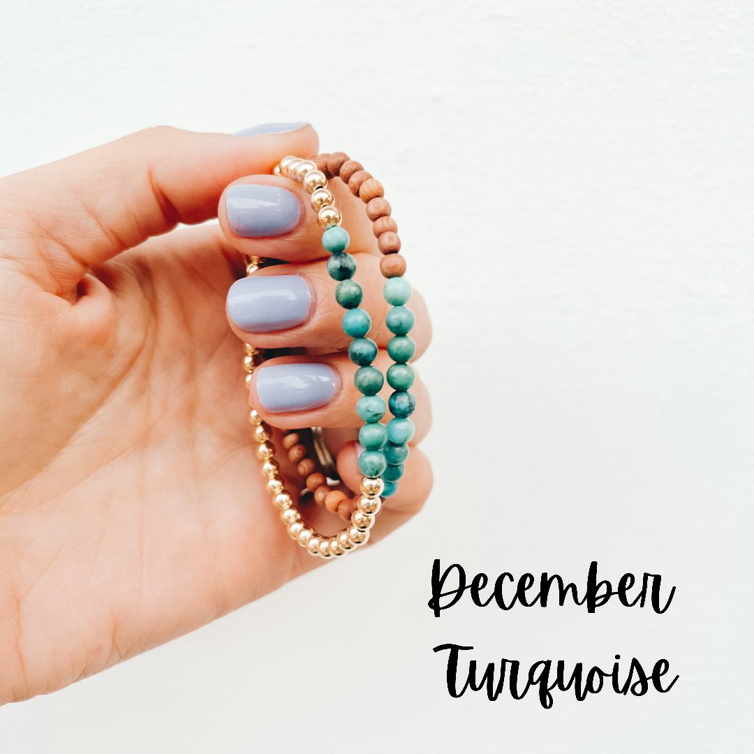 December's birthstone is turquoise. This is a genuine turquoise gemstone birthstone bracelet.