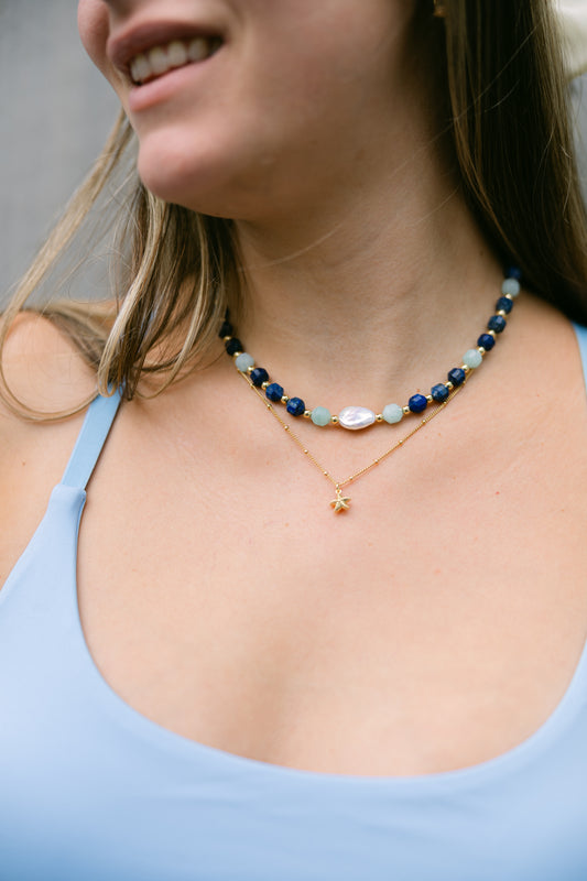 Tortugas Treasure - Aquamarine, Lapis, & Freshwater Pearl Chain Necklace