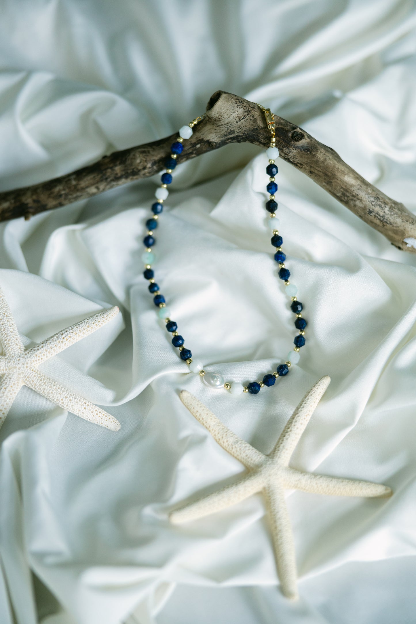Tortugas Treasure - Aquamarine, Lapis, & Freshwater Pearl Chain Necklace