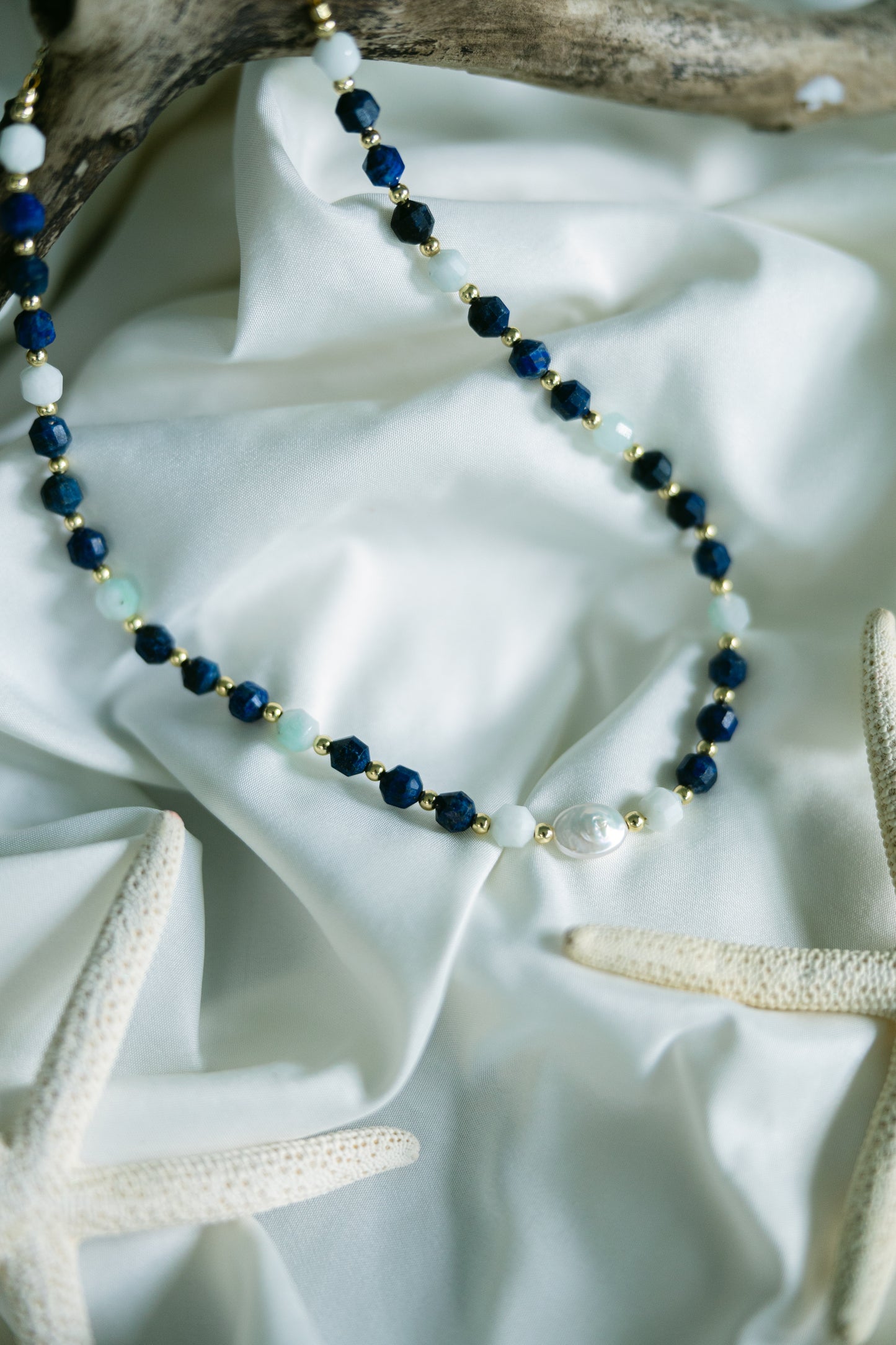 Tortugas Treasure - Aquamarine, Lapis, & Freshwater Pearl Chain Necklace