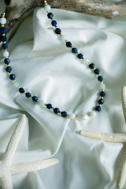 Tortugas Treasure - Aquamarine, Lapis, & Freshwater Pearl Chain Necklace