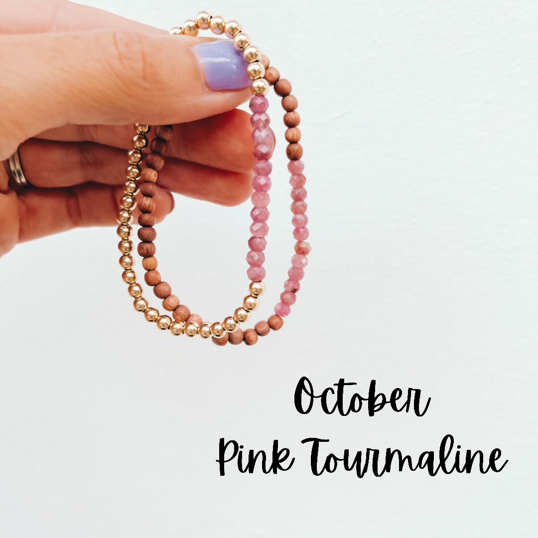 October Birthstone is Pink Tourmaline. Tourmaline birthday bracelet for an October birthday