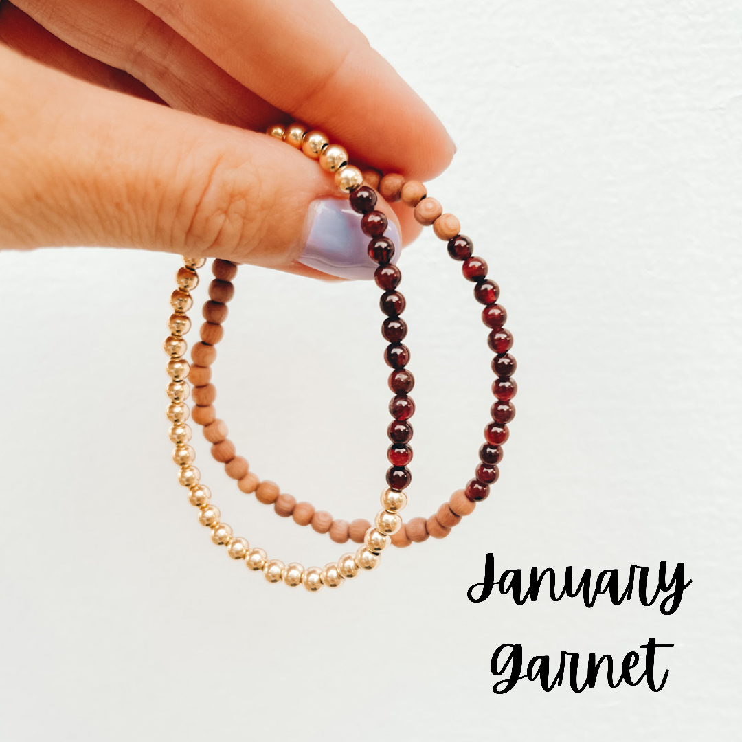 January's birthstone is Garnet. Garnet birthstone bracelet