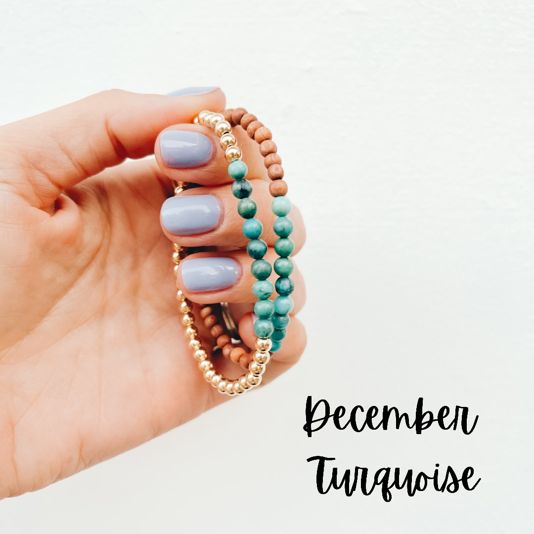 December's birthstone is turquoise. This is a genuine turquoise gemstone birthstone bracelet. 
